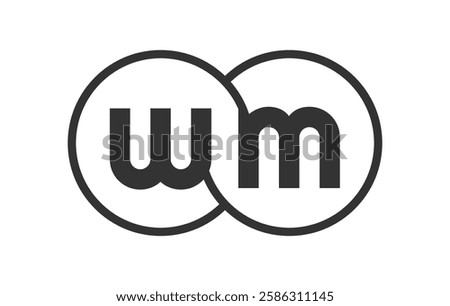 WM business company emblem with outline rounds and letters w m. Logo template of two merged circles for brand identity, logotype. Vector Infinity symbol  and technology sign.