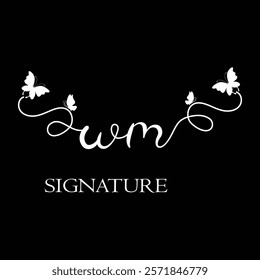 WM Handwritten initial letter, WM simple signature vector logo with butterfly shape variation, beauty, photography letter logo design. W M