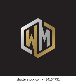 WM initial letters looping linked hexagon elegant logo golden silver black background