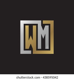 WM initial letters looping linked square elegant logo golden silver black background