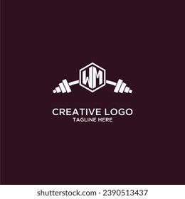 Monograma inicial de WM para equipos o logotipo de gimnasio con diseño de escudo creativo y barbacoa