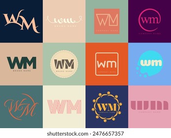 WM logo company template. Letter w and m logotype. Set different classic serif lettering and modern bold text with design elements. Initial font typography. Collection trendy business identity.