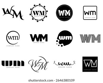 WM logo company template. Letter w and m logotype. Set different classic serif lettering and modern bold text with design elements. Initial font typography. Collection trendy business identity.