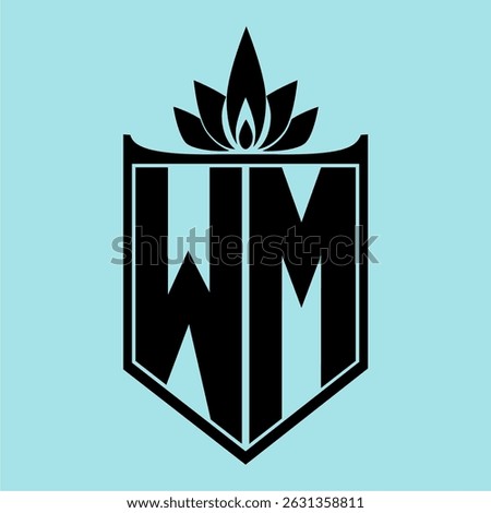 WM Logo featuring a minimalist design with a crown-like flower symbol on top, bold black elements, and a soft blue background, perfect for branding and modern visual identity.