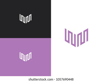 WM logo with tick. Linear creative sign. Simple vector logo in a modern style with parallel vertical lines.