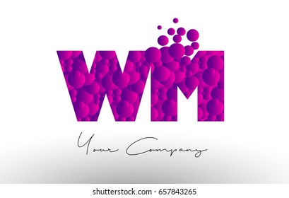 WM W M Dots Letter Logo with Purple Pink Magenta Bubbles Texture Vector.