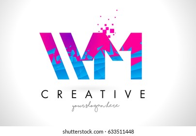 WM W M Letter Logo with Broken Shattered Blue Pink Triangles Texture Design Vector Illustration.