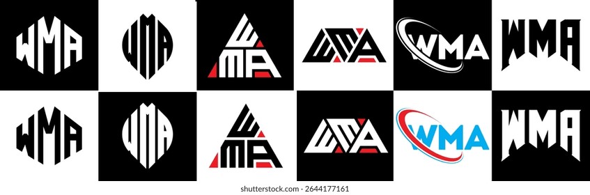 WMA letter logo design in six style. WMA polygon, circle, triangle, hexagon, flat and simple style with black and white color variation letter logo set in one artboard. WMA minimalist and classic logo