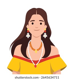 Wman wearing a bright yellow off shoulder Hawaiian dress, floral earrings and beaded necklaces. Flat vector illustration isolated on white background