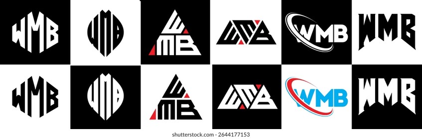 WMB letter logo design in six style. WMB polygon, circle, triangle, hexagon, flat and simple style with black and white color variation letter logo set in one artboard. WMB minimalist and classic logo
