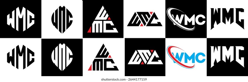 WMC letter logo design in six style. WMC polygon, circle, triangle, hexagon, flat and simple style with black and white color variation letter logo set in one artboard. WMC minimalist and classic logo