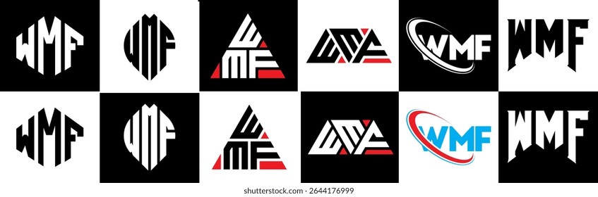 WMF letter logo design in six style. WMF polygon, circle, triangle, hexagon, flat and simple style with black and white color variation letter logo set in one artboard. WMF minimalist and classic logo