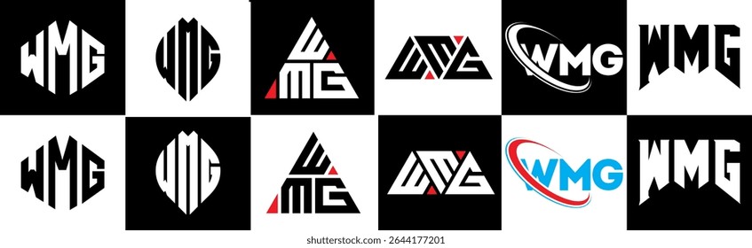 WMG letter logo design in six style. WMG polygon, circle, triangle, hexagon, flat and simple style with black and white color variation letter logo set in one artboard. WMG minimalist and classic logo