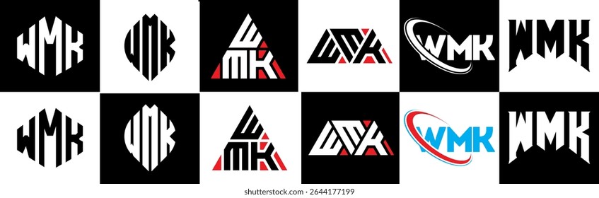 WMK letter logo design in six style. WMK polygon, circle, triangle, hexagon, flat and simple style with black and white color variation letter logo set in one artboard. WMK minimalist and classic logo