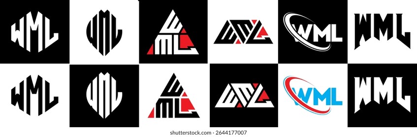 WML letter logo design in six style. WML polygon, circle, triangle, hexagon, flat and simple style with black and white color variation letter logo set in one artboard. WML minimalist and classic logo