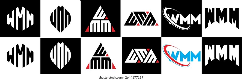 WMM letter logo design in six style. WMM polygon, circle, triangle, hexagon, flat and simple style with black and white color variation letter logo set in one artboard. WMM minimalist and classic logo