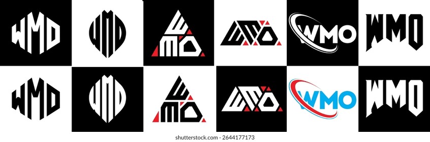WMO letter logo design in six style. WMO polygon, circle, triangle, hexagon, flat and simple style with black and white color variation letter logo set in one artboard. WMO minimalist and classic logo
