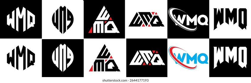 Design de logotipo de letra WMQ em seis estilo. Polígono WMQ, círculo, triângulo, hexágono, plano e estilo simples com logotipo de letra de variação de cor preto e branco definido em uma prancheta. Logotipo minimalista e clássico do WMQ