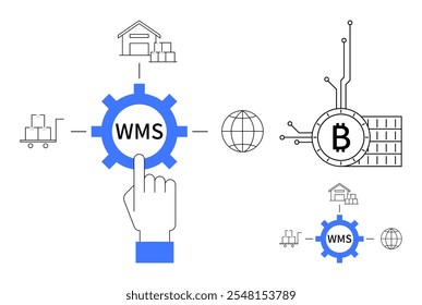 WMS no centro rodeado por ícones que descrevem um armazém, logística global, blockchain e inventário. Ideal para logística, cadeia de suprimentos, gerenciamento de estoque, operações de depósito, tecnologia