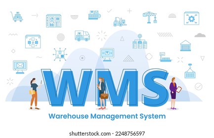 wms warehouse management concept with big words and people surrounded by related icon spreading