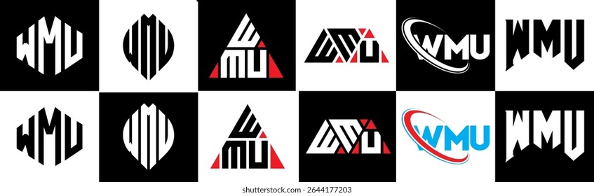 WMU letter logo design in six style. WMU polygon, circle, triangle, hexagon, flat and simple style with black and white color variation letter logo set in one artboard. WMU minimalist and classic logo
