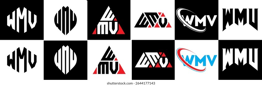 WMV letter logo design in six style. WMV polygon, circle, triangle, hexagon, flat and simple style with black and white color variation letter logo set in one artboard. WMV minimalist and classic logo