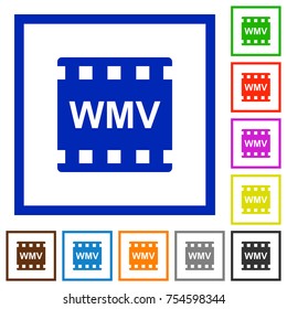 WMV movie format flat color icons in square frames on white background