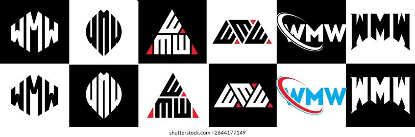 WMW letter logo design in six style. WMW polygon, circle, triangle, hexagon, flat and simple style with black and white color variation letter logo set in one artboard. WMW minimalist and classic logo