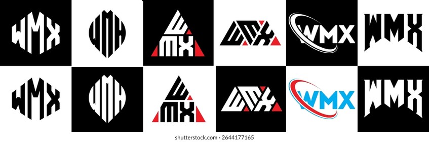 WMX letter logo design in six style. WMX polygon, circle, triangle, hexagon, flat and simple style with black and white color variation letter logo set in one artboard. WMX minimalist and classic logo