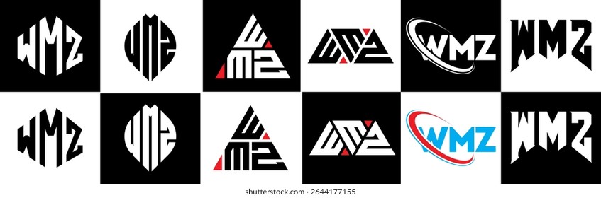 WMZ letter logo design in six style. WMZ polygon, circle, triangle, hexagon, flat and simple style with black and white color variation letter logo set in one artboard. WMZ minimalist and classic logo