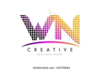 WN Dots Letter Logo Design with Magenta Bubble Circles and Swoosh