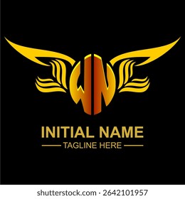 WN Golden Wing Emblem Logo with elegant gold wings, sleek and modern design. Ideal for branding, creative projects, luxury businesses, or artistic ventures.