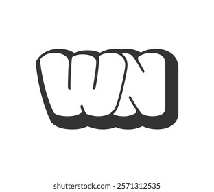 WN logo, bubble comic lettering, rounded in graffiti style black and white silhouette. Trendy preschool W and N letter text for festival party, personal initials, children funky print and web. 