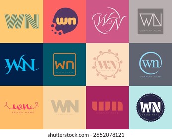 WN logo company template. Letter w and n logotype. Set different classic serif lettering and modern bold text with design elements. Initial font typography. Collection trendy business identity.