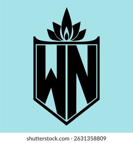 WN Logo featuring a minimalist design with a crown-like flower symbol on top, bold black elements, and a soft blue background, perfect for branding and modern visual identity.