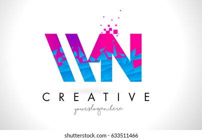 WN W N Letter Logo with Broken Shattered Blue Pink Triangles Texture Design Vector Illustration.