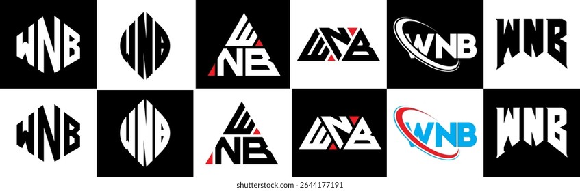 WNB letter logo design in six style. WNB polygon, circle, triangle, hexagon, flat and simple style with black and white color variation letter logo set in one artboard. WNB minimalist and classic logo