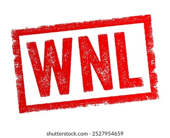 Abreviatura WNL - Dentro dos Limites Normais, é usada em ambientes médicos e de saúde para indicar que os resultados do teste estão dentro da faixa esperada de valores normais, carimbo de conceito de texto