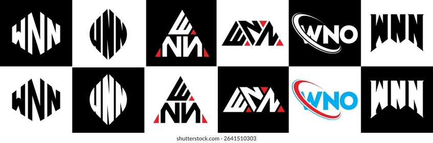 WNN letter logo design in six style. WNN polygon, circle, triangle, hexagon, flat and simple style with black and white color variation letter logo set in one artboard. WNN minimalist and classic logo