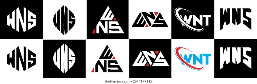 WNS letter logo design in six style. WNS polygon, circle, triangle, hexagon, flat and simple style with black and white color variation letter logo set in one artboard. WNS minimalist and classic logo