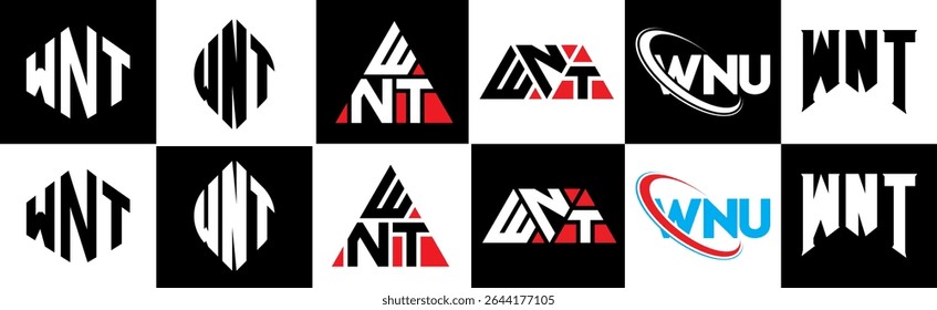 WNT letter logo design in six style. WNT polygon, circle, triangle, hexagon, flat and simple style with black and white color variation letter logo set in one artboard. WNT minimalist and classic logo