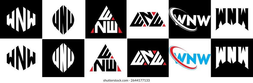 WNW letter logo design in six style. WNW polygon, circle, triangle, hexagon, flat and simple style with black and white color variation letter logo set in one artboard. WNW minimalist and classic logo