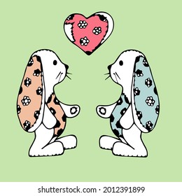 wo bunnies in love with a heart made of fabric. Children's print