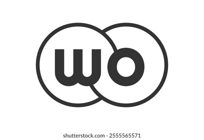 WO business company emblem with outline rounds and letters w o. Logo template of two merged circles for brand identity, logotype. Vector Infinity symbol  and technology sign.