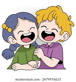 Dos niños alegres comparten una risa cordial, mostrando la alegría de la amistad. Su felicidad es contagiosa, por lo que esta ilustración es perfecta para temas de infancia, vinculación y felicidad.