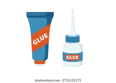 wo glue tubes set. Large blue and small white adhesive containers with orange caps. Craft bonding supplies for repair and DIY projects. Stationery tools. Vector illustration on white.