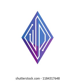 WO Initial letter block chain logo icon vector template. Looping mono line circuit letter on rhombus cube logo