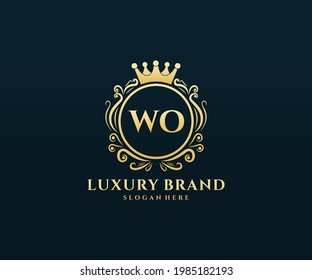 WO Initial Letter, Gold text with feminine floral hand drawn heraldic monogram, Antique vintage style luxury logo design.