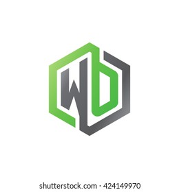 WO initial letters looping linked hexagon logo black gray green