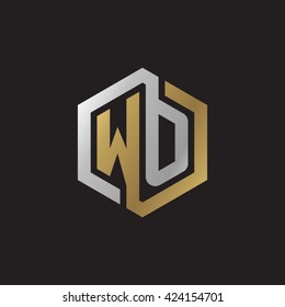 WO initial letters looping linked hexagon elegant logo golden silver black background